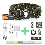 Paracord Bracelet Survival Gear - 550 Premium Green Reflective Parachute - Outdoor Emergency First Aid Tool Kit 19 in 1 Compass, Fire Starter, Emergency Knife, Whistle, Rescue Rope & Food Fishing Gear