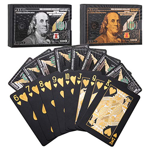 Joyoldelf 2 barajas de naipes, póquer impermeable con patrón de dólar, tarjetas negras con caja de regalo, ideal para magia, juegos de cartas de agua y fiestas