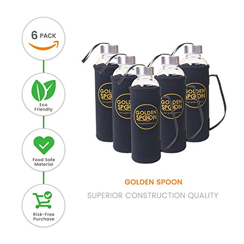 Golden Spoon Glass Water Bottles with Sleeves - 18 Oz Pack of 6 - Sturdy & Durable Construction - Stainless Steel Caps with Carrying Loop - Ideal for Beverages, Juice & Water, Lead and BPA Free
