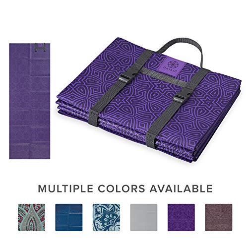 Gaiam Yoga Mat Folding Travel Fitness & Exercise Mat | Foldable Yoga Mat for All Types of Yoga, Pilates & Floor Workouts, Grape Mandala, 2mm