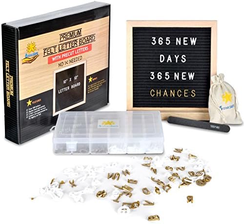 Changeable Felt Letter Board w/Oak Wood Frame (10” x 10”) 510 White and Gold Letters, Characters, Numbers | Table Stand or Wall Mount | Incl. Organizer Case and Canvas Storage Bag