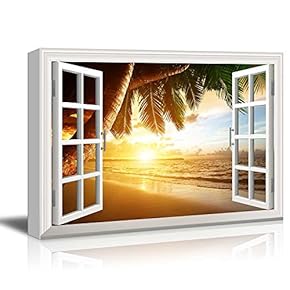 Creative Window View Canvas Prints Wall Art - Sunrise on Caribbean Beach - 24" x 36"