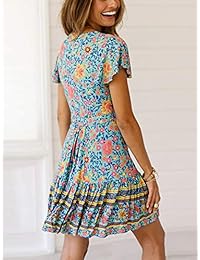 TEMOFON - Vestido de verano para mujer, estilo bohemio, estampado floral, con volantes, manga corta, cuello en V, tallas S-XL