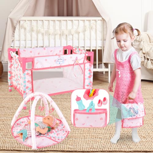 deAO 5-in-1 Folding and Portable Doll Accessory Kit with Doll 31 cm | Nursery Doll Accessories with Stroller, Cot Doll, Travel Bag and Baby Feeding Bottle, Role Play Gifts