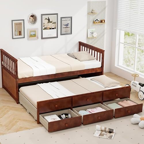 KOMFOTT Wood Trundle Bed with Storage Drawers, Modern Daybed with Trundle,  No Box Spring Required, Twin Size Captain’s Bed for Kids Teens Adults,