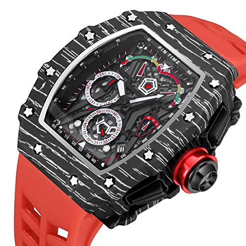 PINTIME Fashion Mens Tonneau Watch Hollow Punk Chronograph Sports Wristwatch Luxury Designer Mens Quartz Silicone Watches PINTIME Mens Luxury Tonneau Fashion Hallow Punk Graffiti Art Dial Hip-hop  Unique Sports Wrist Watch Japanese Movement Luminous Design with Silicone