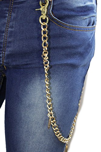 TFJ Men Metal Wallet Chain Biker Keychain Long Gold Skeleton Skulls Bullet Gun Charms