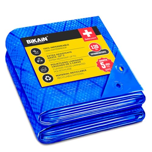 Bikain - Waterproof Outdoor Tarpaulin - 5 x 8 Metres - 70 g/m2 Reinforced - Tear-Resistant Rings - 100% Waterproof and 100% UV Protection Canopy - Multipurpose Cover - 3 Layers Cross Laminated