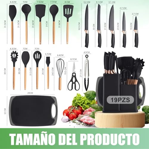 Utensilios de Cocina de Silicona, 19 Piezas Juego de Utensilios de Cocina Antiadherentes con Mango Resistente al Calor, Juego de Cucharas para Cocinar de Incluyendo Accesorios Cocina Negro