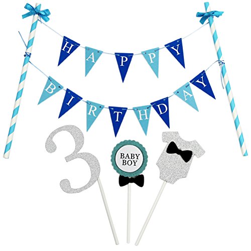 KUNGYO Mini Happy Birthday Cake Bunting Banner Cake Topper Garland - Handmade Pennant Flags 3rd Baby Boy Birthday Party Cake Decoration Supplies