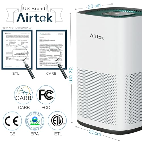 Purificador de Aire AIRTOK para Habitaciones Grandes de Hasta 74 m², Filtro HEPA H13 Verdadero para Alergias, Humo, Caspa de Mascotas, Pelo de Mascotas, Polvo y Polen, Silencioso, Sin Ozono, Blanco