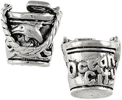 Ocean City - Shovel &amp; Pail with Dolphin - Handmade Sterling Silver Large Hole Charm Bead