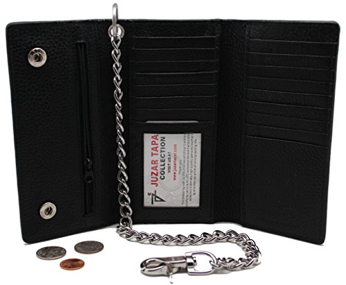 Cow Leather 212 Long Checkbook Tri-fold Steel Chain Wallet 17 slots Bikers,Motorcycle