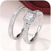 2PCS 925 Plated Silver Bridal Rings Sets Square Cut Cubic Zirconia Halo CZ Engagements Rings Wedding Bands for Women Promise Rings for her Size 7#
