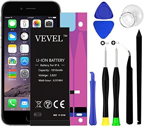 Battery Model iP6, VEVEL Internal Li-ion Cycle Replacement Battery New 1810 mAh with Complete Repair Tool Kits, Adhesive- 2 Year Warranty