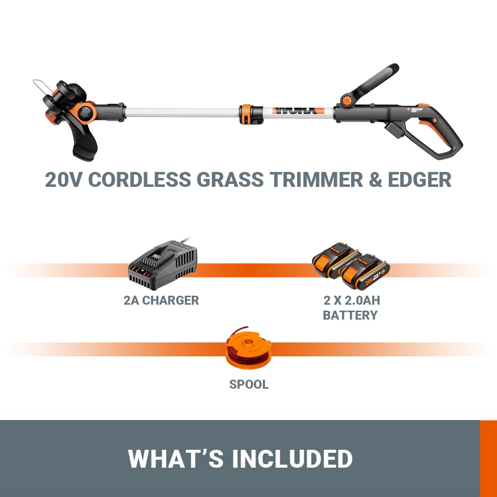 WORX WG163E.2 Akku Rasentrimmer 20V, 2-in-1 Rasentrimmer mit 90° drehbarer Trimmerkopf, 30cm Schnittdurchmesser, Teleslopstiel (inkl. 2Ah Akku & Ladegerät) 5