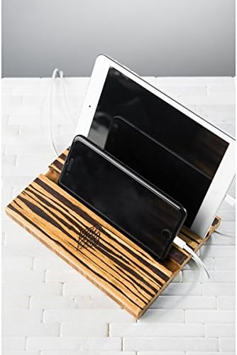 Tablet iPad Phone Stand Men Personalized Dock Charging Station Wood Gift for Her Him Wedding Groomsman Monogram Two Double Slot Tiger Stripe