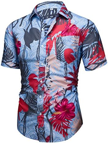 Men's Aloha Hawaiian Short Sleeve Button Down Shirts Tropical Printed Tops Blue Medium