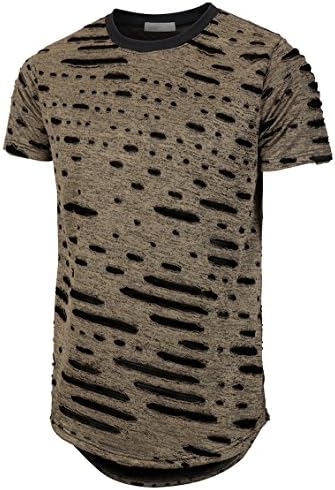 Mens Hipster Hip Hop Elong Round Hemline Crewneck Holes Design T-shirt（05-3）(Gold, Medium)