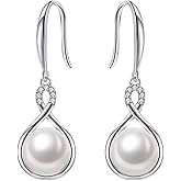 Immobird Sterling Silver Dangle Earrings for Women Freshwater Pearl Earrings Dainty Moonstone Opal Earrings Dangling Infinity Earrings for Wedding