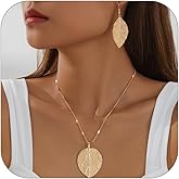 PLOUTOS Leaf Pendant Jewelry Set For Women Gold-Tone Textured Medallion Necklace With Matching Leaf Drop Earrings Lightweight Boho, Adjustable Chain