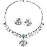 Bohemian Turquoise Jewellery Set Earrings for Women Charm Gemstone Pendant Boho Choker Necklace Oxidized Silver Flower Beaded Drop Earrings Bollywood Crystal Western Cowgirl Holiday Xmas Wedding Party