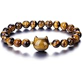 Jovivi Crystal Cat Bracelet for Women Men,8mm Natural Stone Beaded Bracelet Protection Healing Crystals Gemstones Stretch Bracelet Cat Jewelry Gifts for Good Luck,Money Attraction