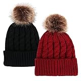 Simplicity Unisex Winter Hand Knit Faux Fur Pom Pom Beanie 2 Pc Set Black/Burgundy