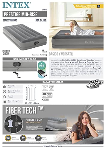 Intex ‎64112 Dura-Beam Standard Series Prestige Mid-Rise Air Mattress with Fastfill USB Powered Internal Air Pump, durable Fiber-Tech interior construction, Twin