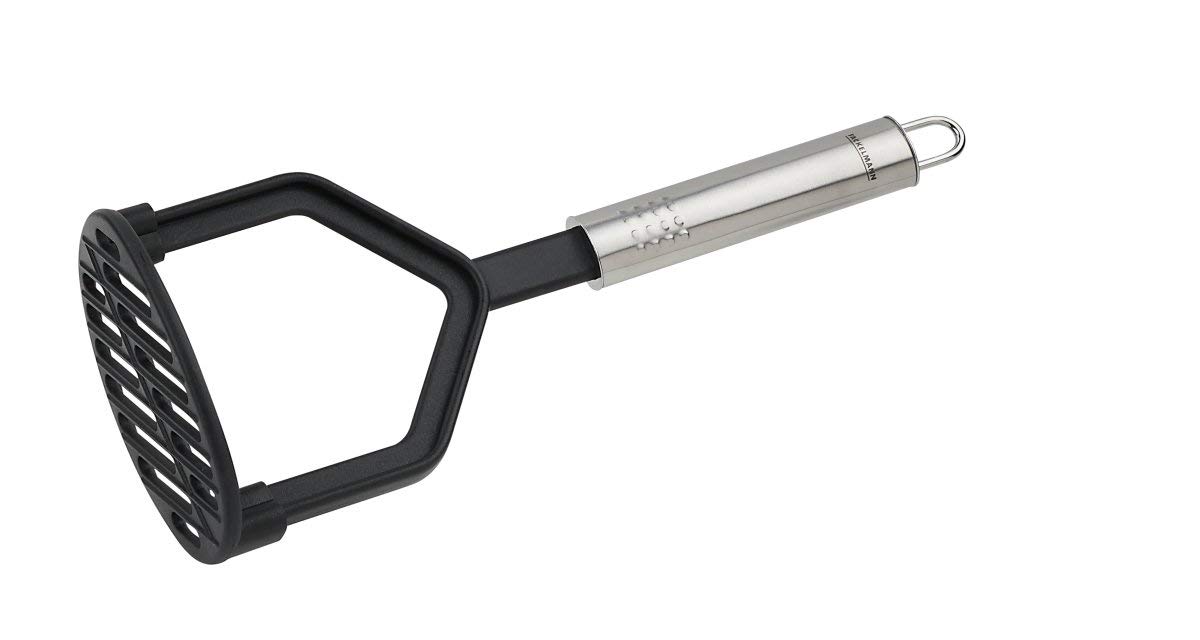 Fackelmann Potato Masher 25 cm Oval Handle Potato Press for Coated Pans and Pots, Kitchen Utensil Made of High-Quality Stainless Steel and Plastic (Colour: Silver/Black) Quantity: 1 Piece