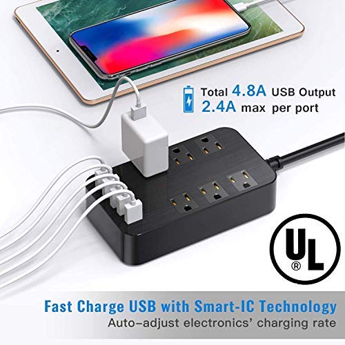 Power Bar Surge Protector - 6-Outlet Surge Protector with 5 USB Ports Fast Charging (4.8A) UL Listed, 6Ft Long Extension Cord Flat Plug Wall Mountable, 1700 Joules for iPhone iPad Home Dorm Office Laptop Computer