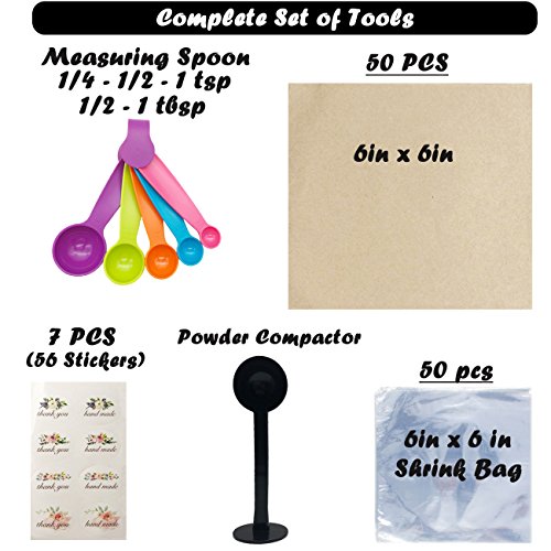 Bath Bomb DIY Kit,12x Aluminum Bath Bomb Molds 3 Sizes,1x Powder Tamper,1 Set of Measuring Spoon,50x Wrapping Paper,50 Shrink Wrap Bag, Crafting Starter Metal Set