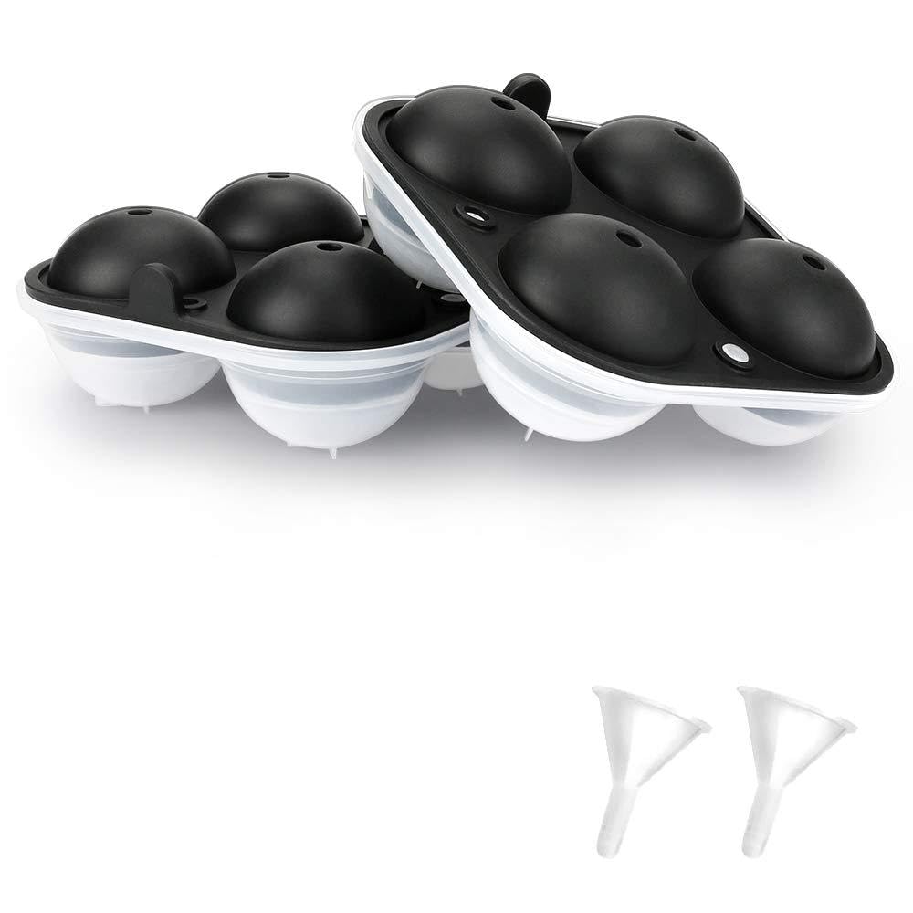 CestMall 2 Pack Silicone Ice Cube Molds, 4 x 5.5 cm Large Round Sphere Ice Balls Mold Trays With Lid & Funnel for Whiskey, Cocktails, Bourbon Gifts Fruits Reusable & BPA Free Ball Ice Cube Mold