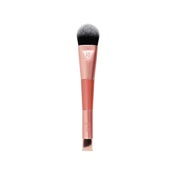 REAL TECHNIQUES COVER & CONCEAL DUAL ENDED 2-IN-1 MAKEUP BRUSH, FOR FLAWLESS FOUNDATION COVERAGE, SMOOTHS AND CONCEALS, COVERS BLEMISHES AND IMPERFECTIONS, FLAWLESS RESULTS, ORANGE, 1 COUNT