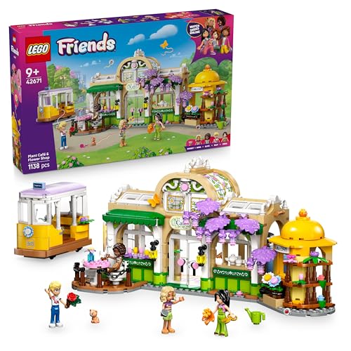 Friends Pflanzencafé und Blumenkiosk - Spielzeug mit 4 Minifigur, 1 Katzenfigur, Straßenbahn und Küchenzubehör - Gebäck, Tassen & Teekanne – Geburtstagsgeschenk für Mädchen ab 9 Jahren – 42671
