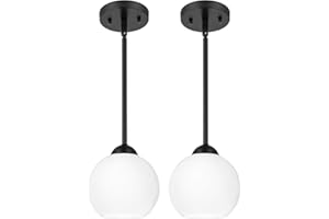 Emak Modern Farmhouse Black Pendant Lights Kitchen Island, 2 Pack 7 Inch Globe Pendant Light with Milk Glass Shade, 1-Light Hanging Light Fixture for Kitchen, Sink, Bedroom, PL119-BK-ML-2PK