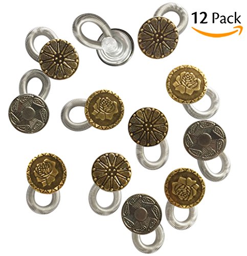 CandyHome 12 Pcs No Sew Elastic Spring Button Pant Waistband Extender for Men or Women with Metal Button