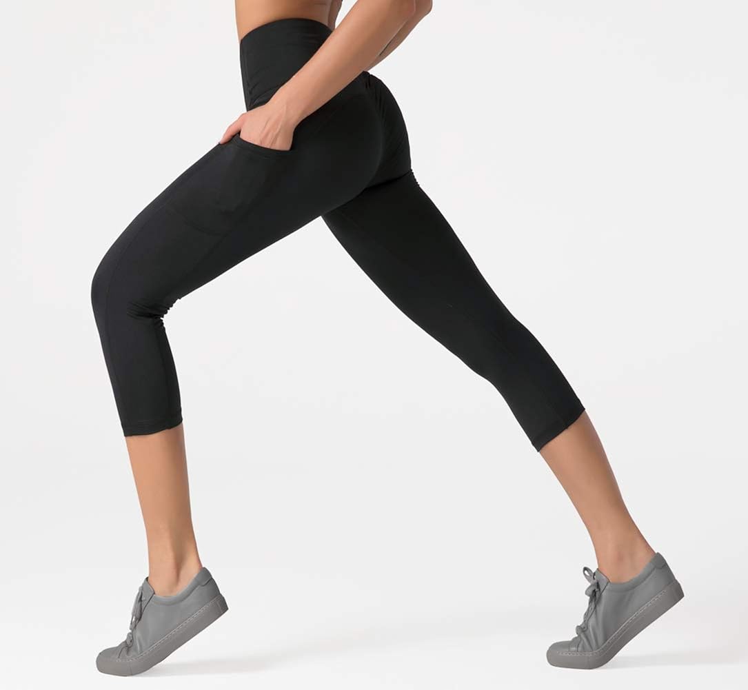 Dragon Fit High Waist Yoga Pants Capri with 3 Pockets,Tummy Control Workout Running Capri 4 Way Stretch Yoga Leggings: Clothing