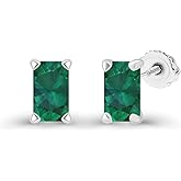 14K Gold Plated 925 Sterling Silver Hypoallergenic 6x4mm Emerald Cut Prong Set Genuine Birthstone Solitaire Screwback Stud Earrings