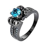 Bamos Jewelry Valentine's Day Gift Water Blue Stone Skulls Black Gold Plated Wedding Womens Ring Size 6-10