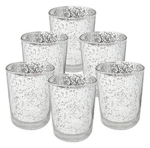 Just Artifacts Mercury Glass Votive Candle Holder 2.75" H (6pcs, Speckled Silver) -Mercury Glass Votive Tealight Candle Holders for Weddings, Parties and Home Decor