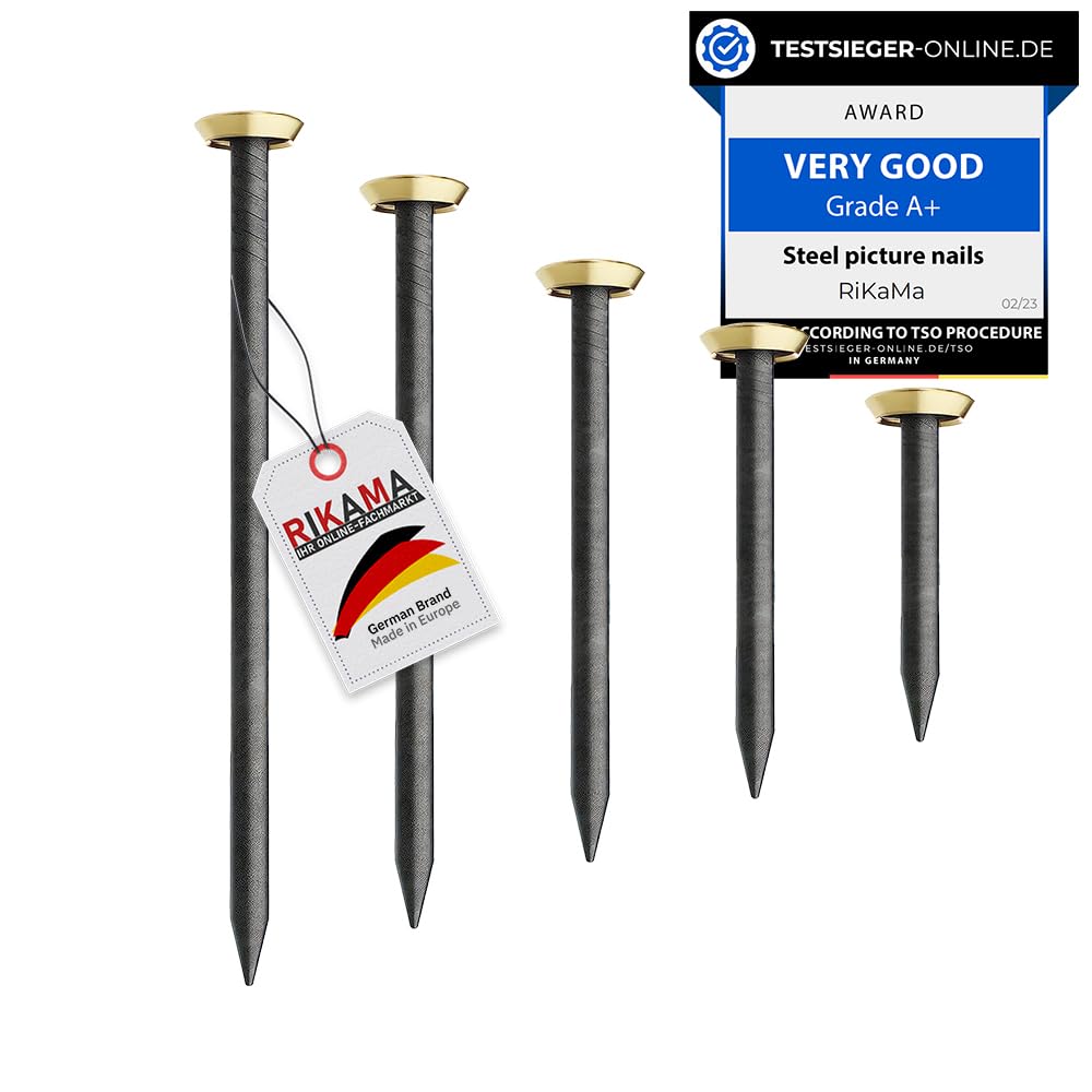 RIKAMA Set of 50 steel nails for pictures 10 x 20 mm, 25 mm, 30 mm, 40 mm, 50 mm for concrete, brick, plaster and wood, made in Europe (gold with support)