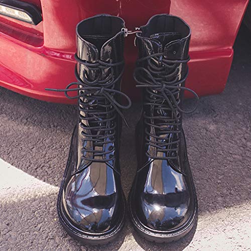 ❤Kauneus❤ Women's Mid Calf Boots Lace up Side Zipper Winter Boots Fashion Leather Black High Top Shoes - Thumbnail 2