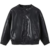 Boys Girls Leather Jacket Children's Collar Motorcycle PU Leather Coat Stylish Drop Shoulder Zip Up Black
