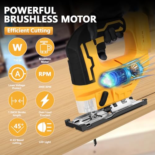 Jig Saw Compatible with Dewalt 20V Max Battery, Cordless Jigsaw Tool Brushless Motor, Up to 2900 RPM, 45 Degree Beveled Cuts, LED Light for 4 Curve Cuttings, Plastic Box (No Battery)