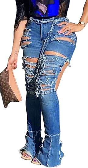 Amazon スキニー リップドベルボトムジーンズ レディース クラシック ハイウエスト フレアジーンズパンツ オールインワン 通販