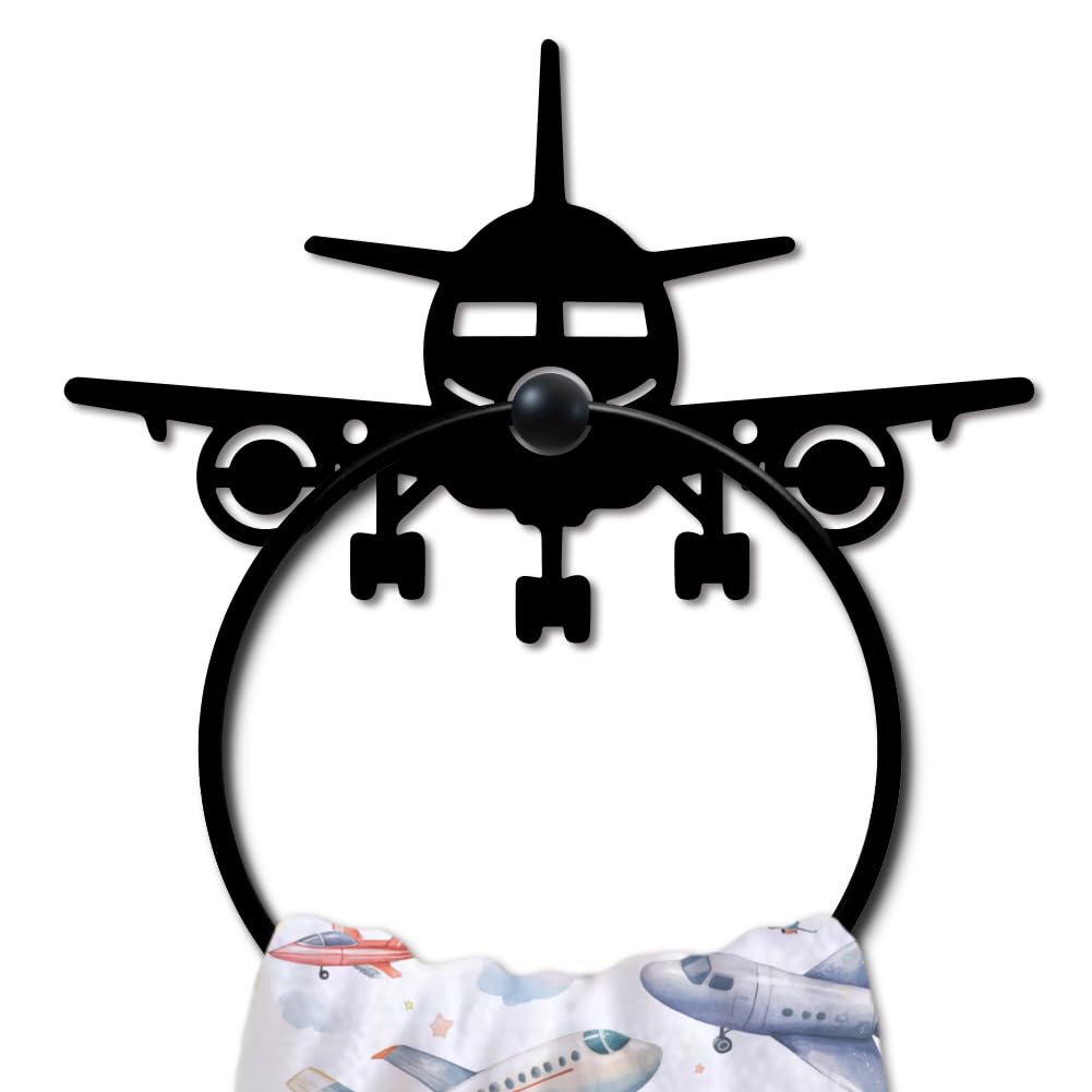 MAYJOYDIY Airplane Metal Towel Ring, Wall Mounted, Black, 20x12.5 cm, Aircraft Design for Kitchen Bathroom Bedroom Home Decoration