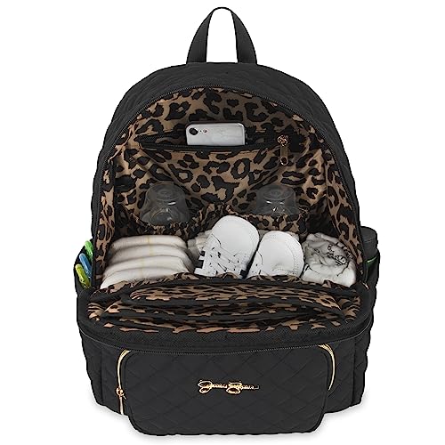 Jessica Simpson Black Quilted Diaper Bag Backpack with Insulated Pockets, Portable Changing Pad, Stroller Straps, Fanny Pack 3 Pc. Set (Camilla (With Fanny Pack))