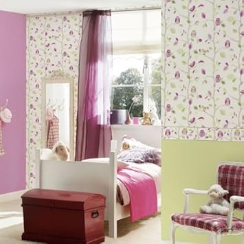 Amazon De Wallpaper Heaven Eulen Auf Ein Zweig Kinder Kinderzimmer Tapete Rosa Lila Grun Und Weiss