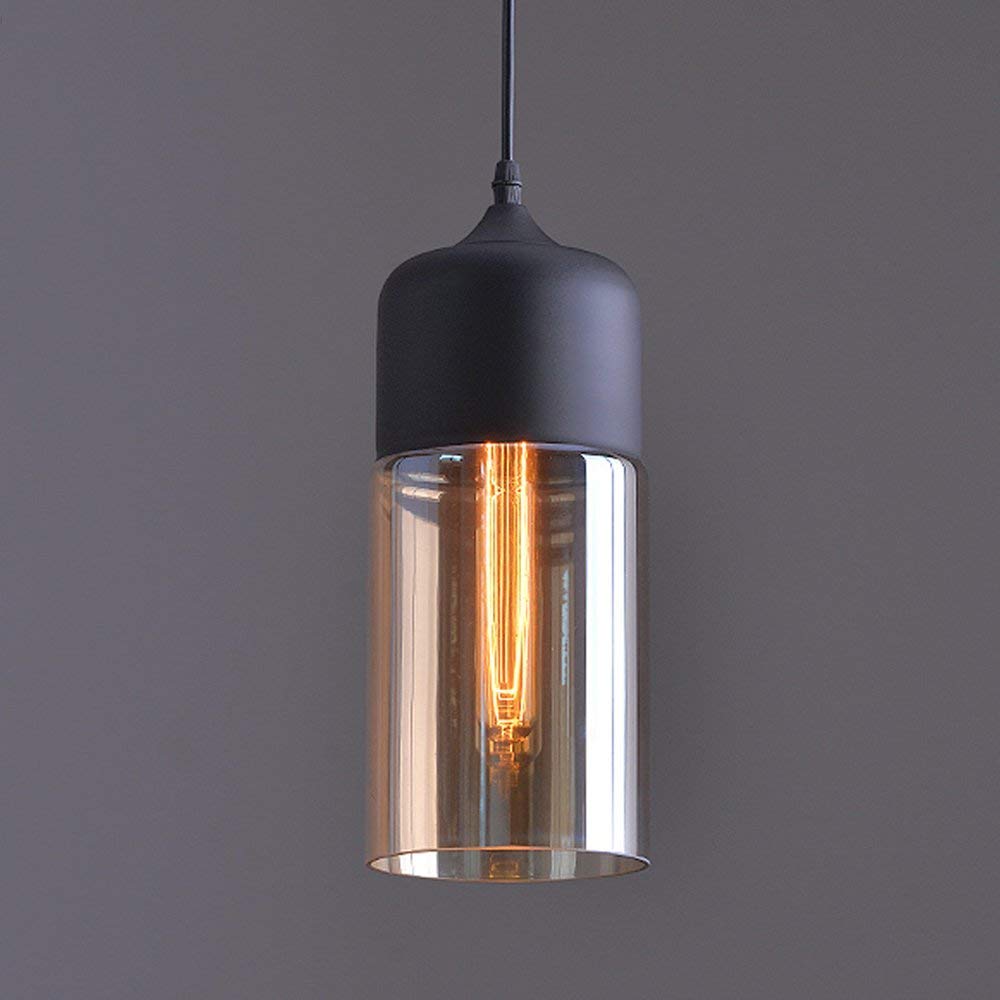Louvra Glass Pendant Lights Vintage Amber Glass Pendant Ceiling Light Smoked Glass Cylinder Lampshade E27 Base Industrial Hanging Lighting Lamp for Living Room Restaurant